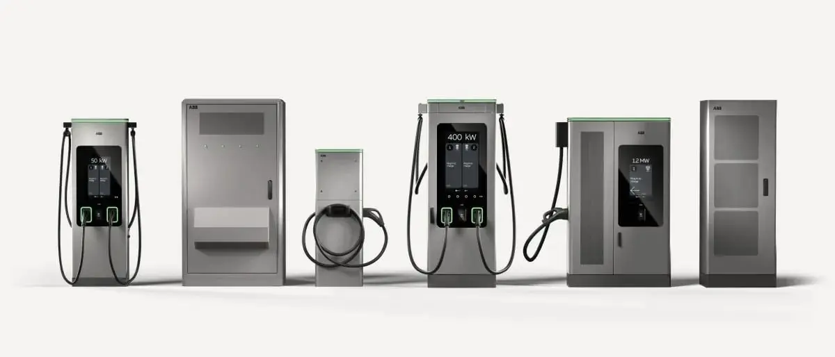 Six ABB E-mobility charging units in a row, from wallbox to high-power chargers with displays and cabling