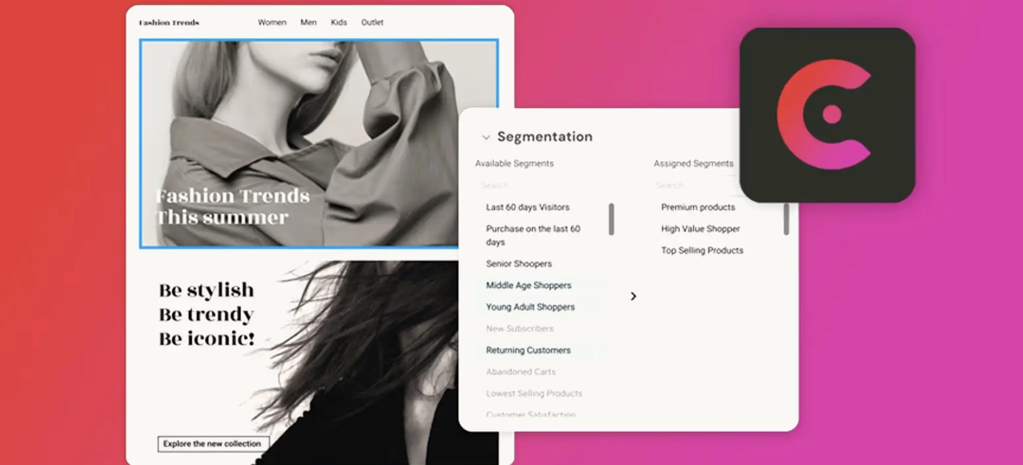 CoreMedia platform screenshots: a fashion storefront preview beside a customer segmentation panel, with the CoreMedia badge